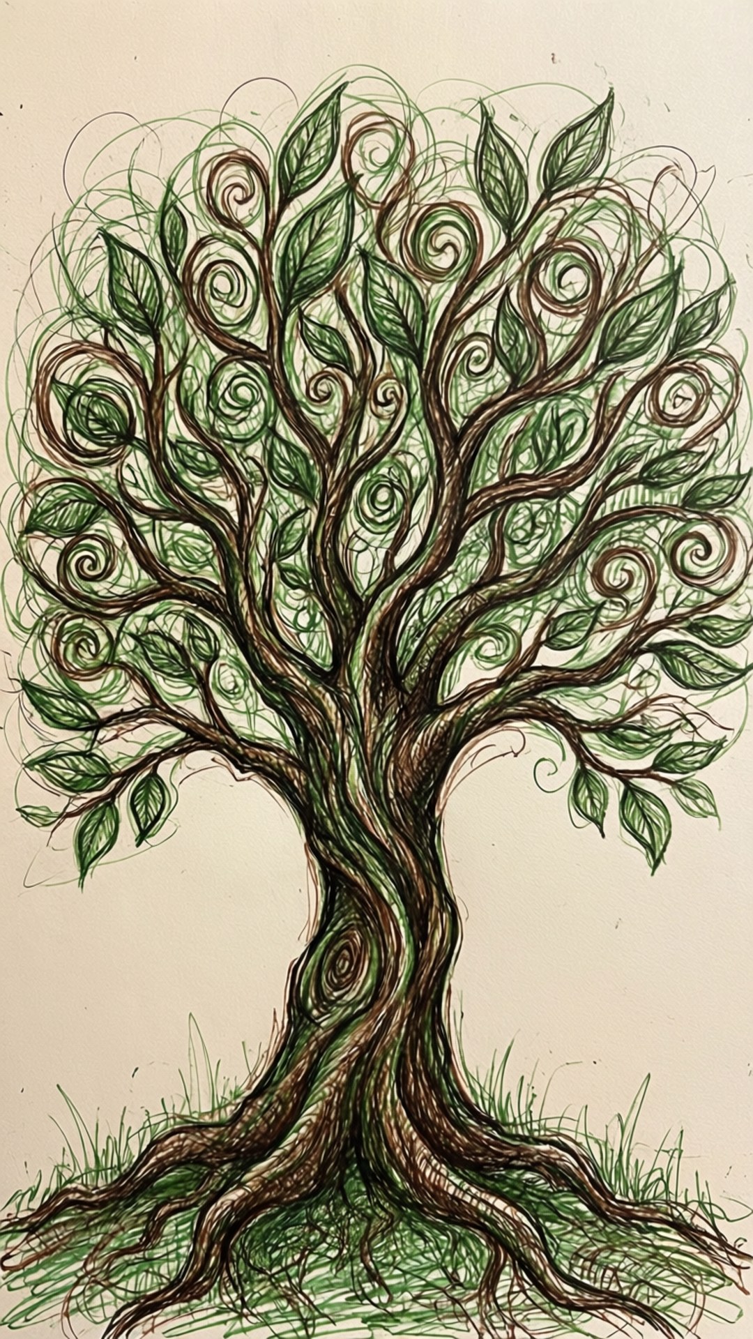 Nature-inspired scribble tree wallpaper in ink doodle style.