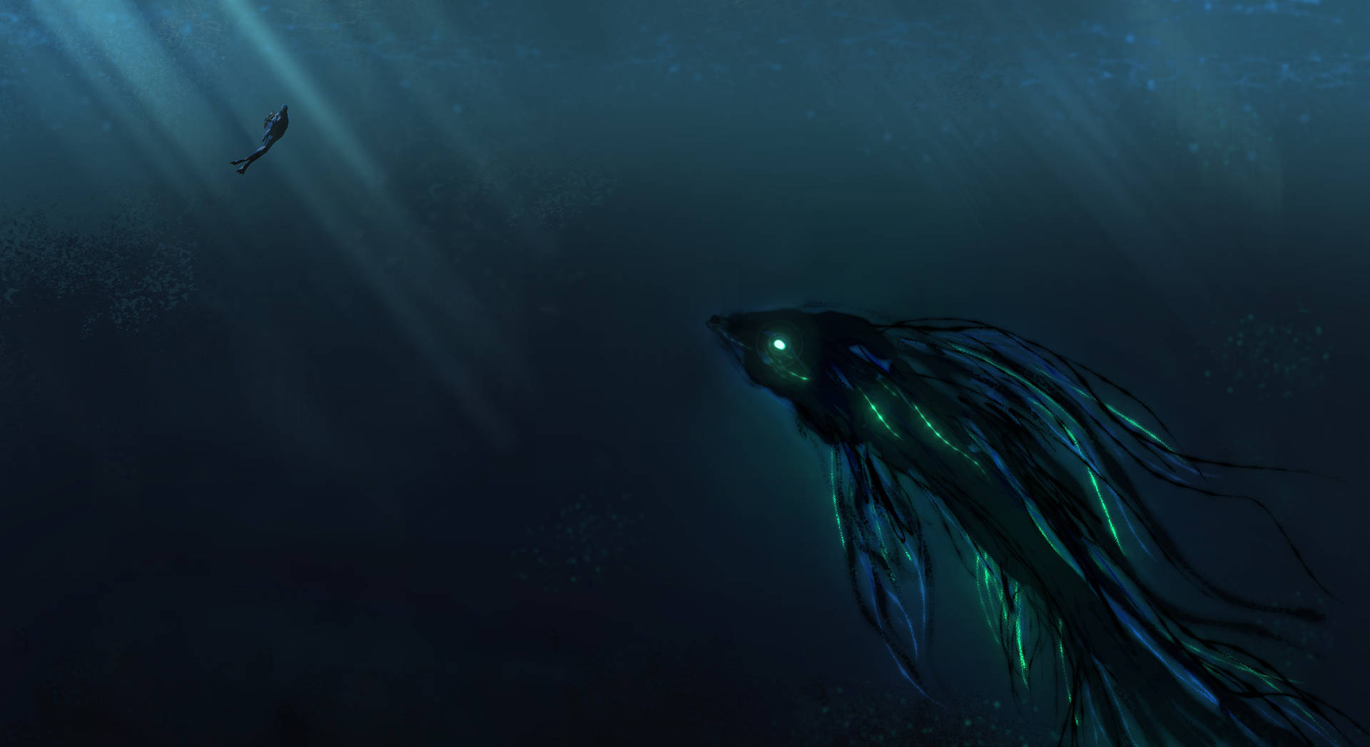 Astonishing Encounter Underwater - Scuba Diving with Glowing Sea Creatures Wallpaper