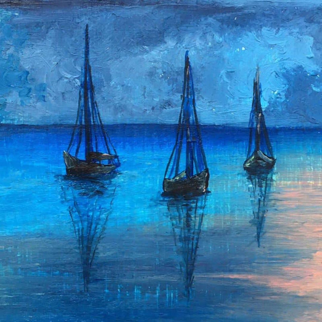 Sea Boats Blue Painting Wallpaper
