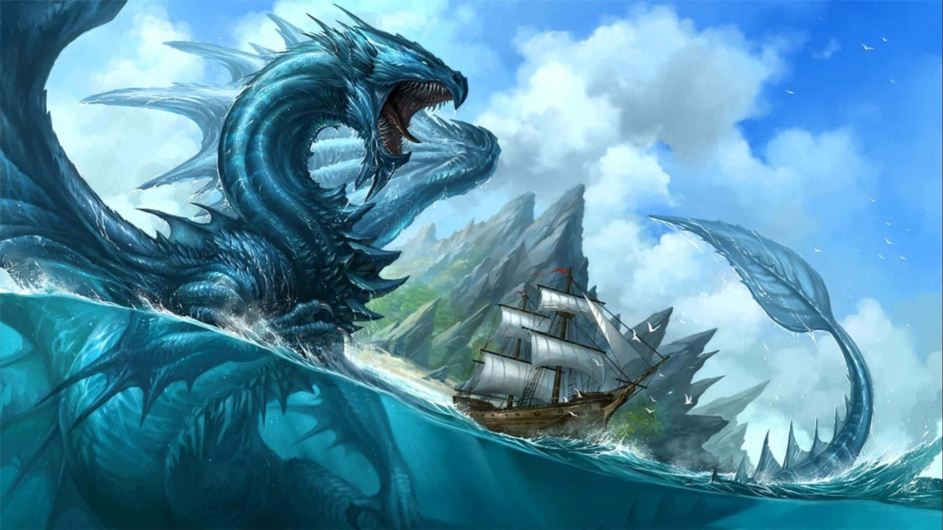 Sea Dragon Encounter Sailing Ship Wallpaper