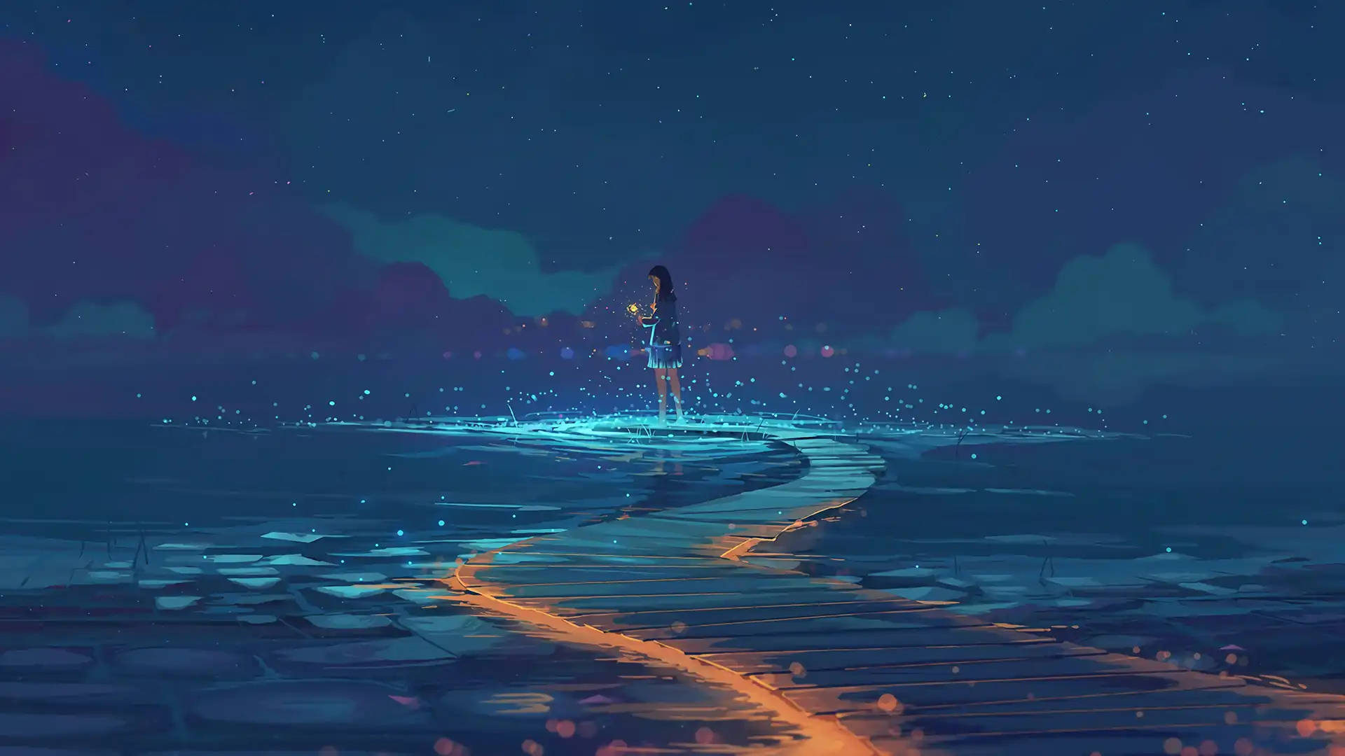 Sea Lights Aesthetic Anime Art Desktop Wallpaper