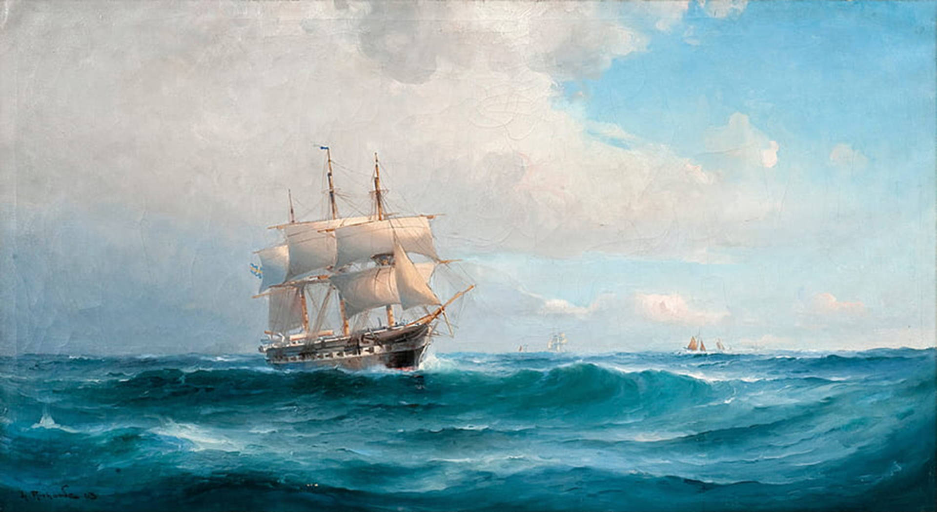 Sea Ship Blue Painting Wallpaper