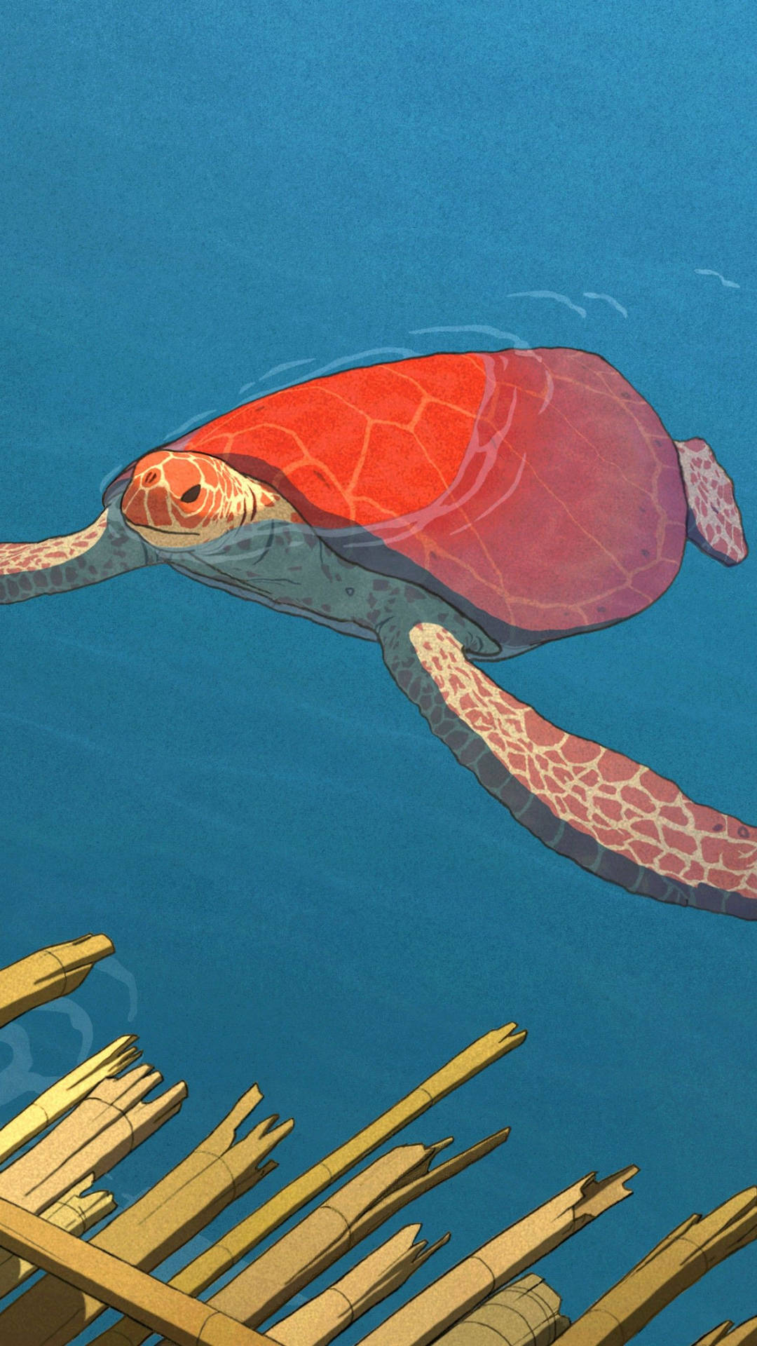 Eineschildkröte, Die Im Meer In Der Nähe Eines Hölzernen Piers Schwimmt. Wallpaper