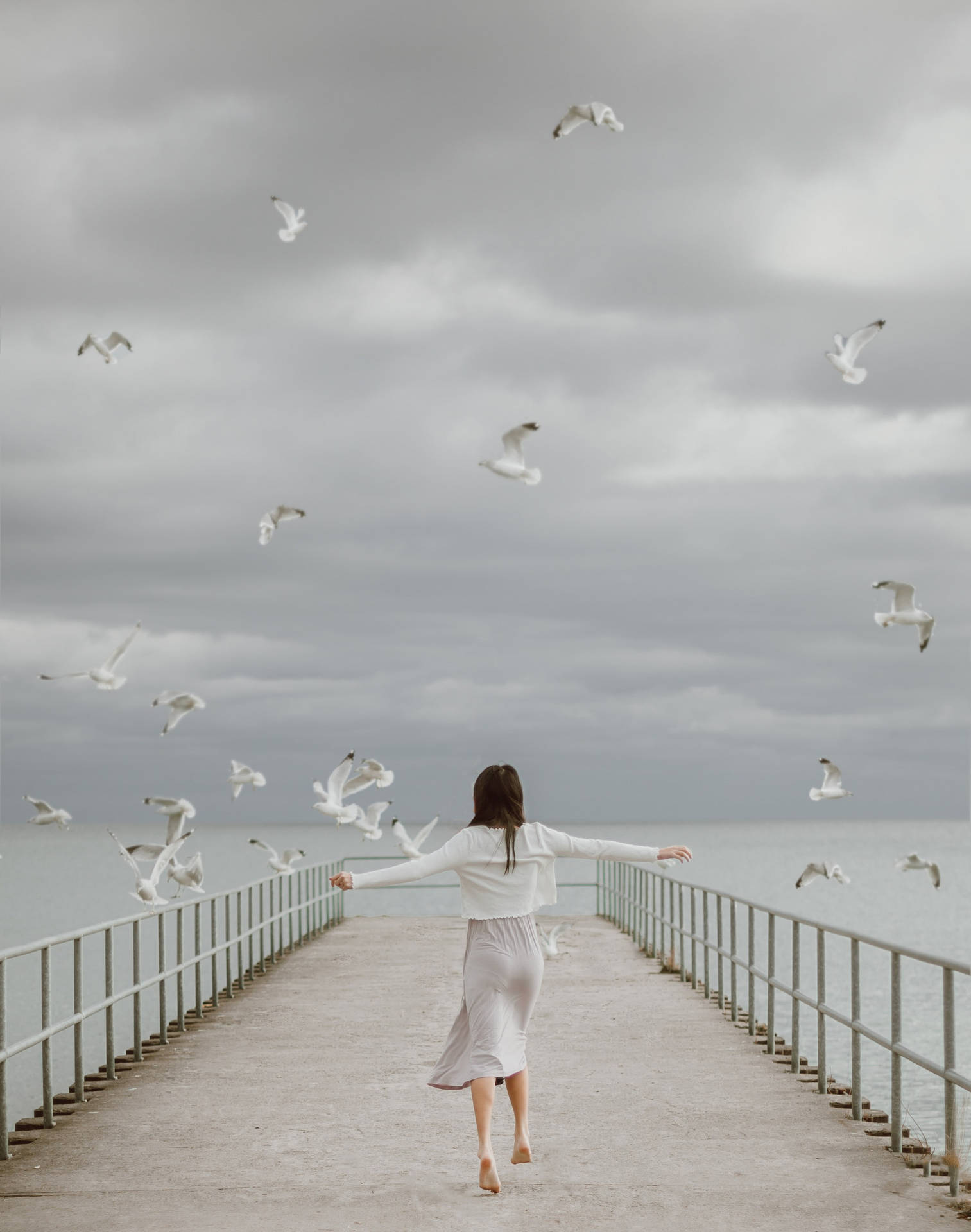 Seagull Birds Flying Over A Woman Wallpaper
