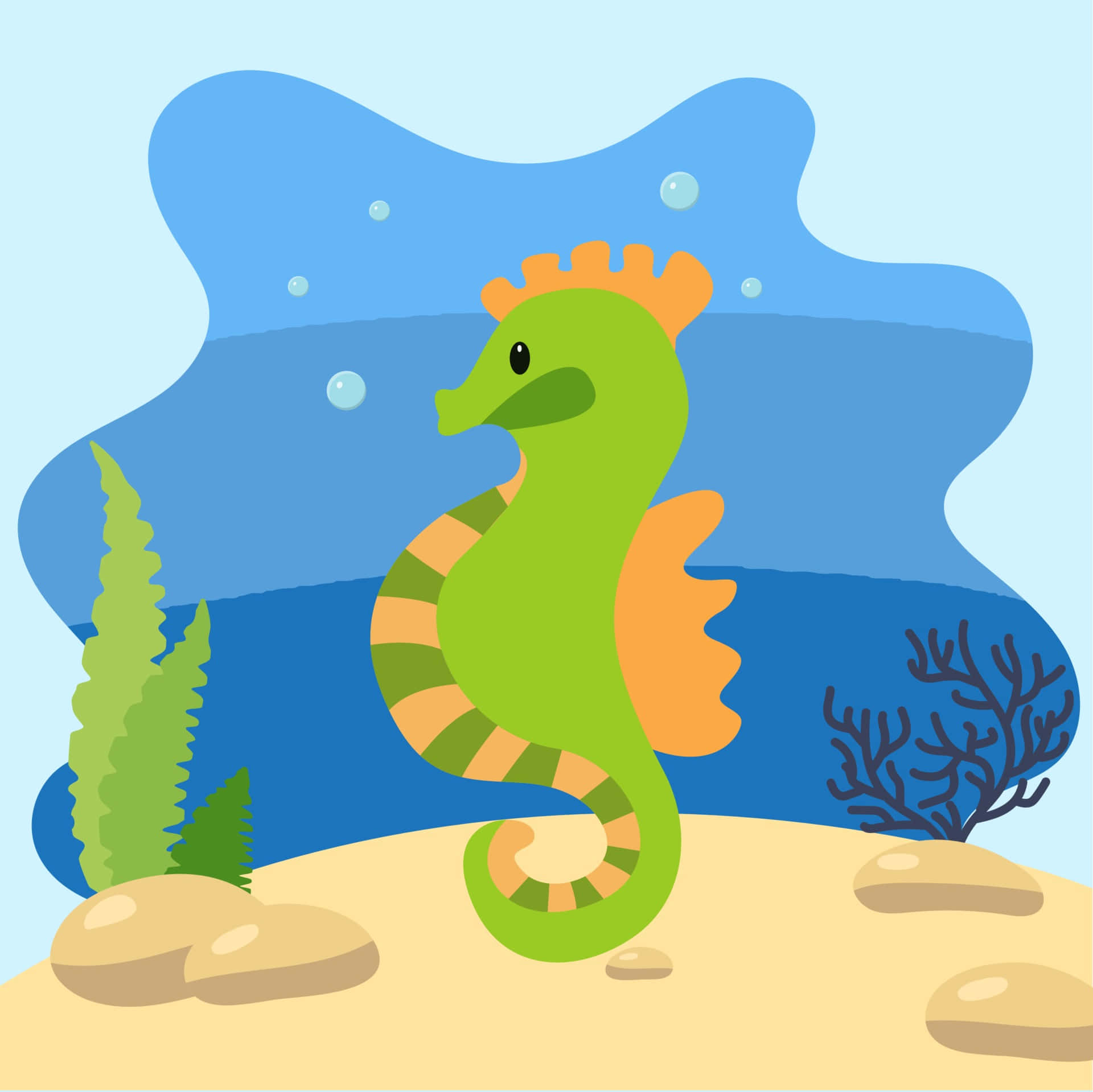 A sea seahorse swimming through an aquamarine scene