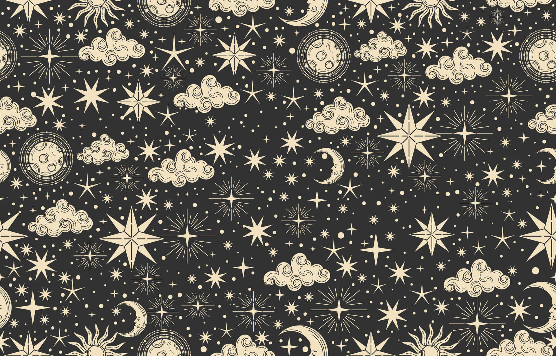 A Black And White Pattern With Stars And Clouds