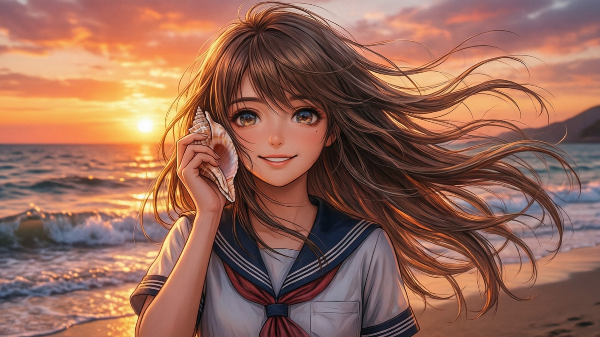 Anime-tyttö rannalla auringonlaskussa, pitää simpukkaa, tuuli puhaltaa hänen hiuksiaan.