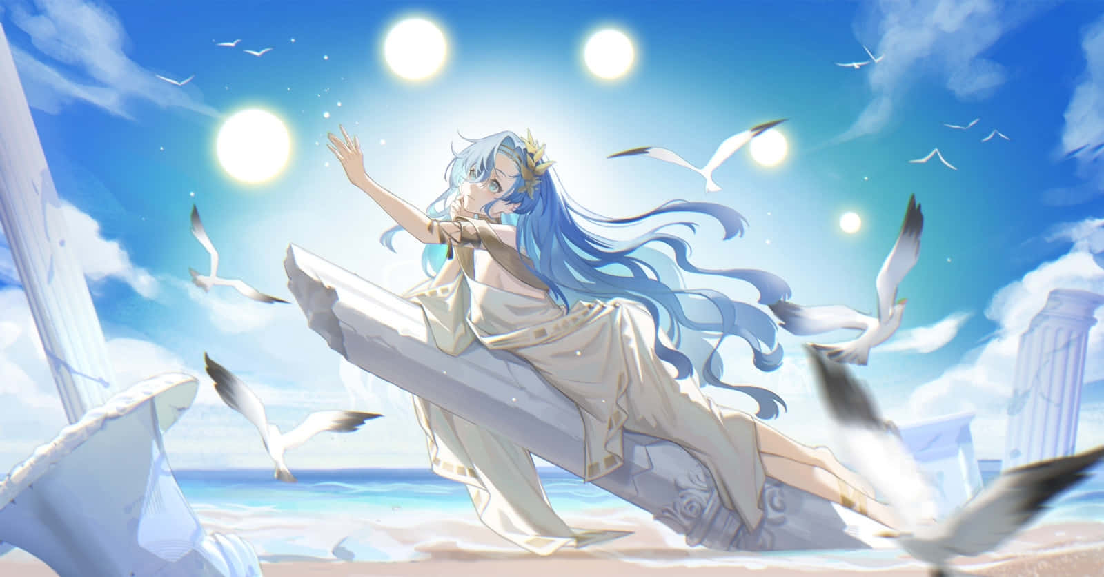 Seaside_ Anime_ Girl_with_ Seagulls Wallpaper