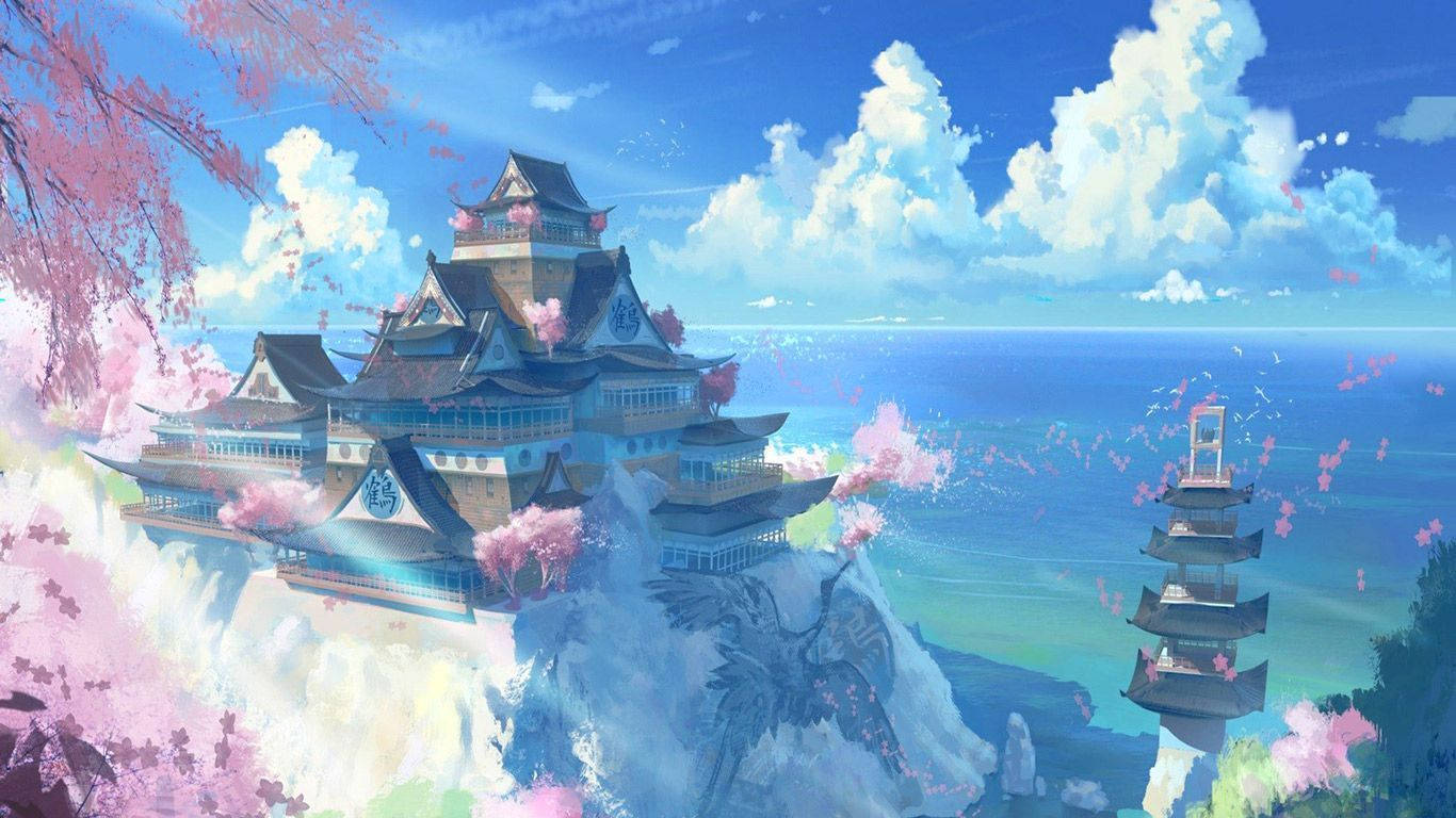 Seaside Castle Aesthetic Anime Art Desktop Wallpaper
