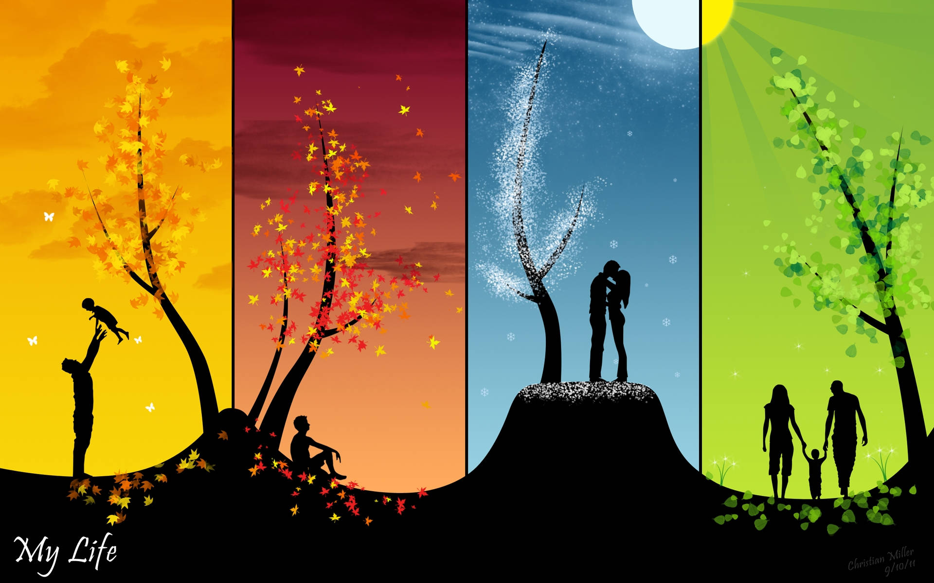 Seasonal Silhouette With Different Weather Wallpaper