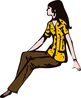 Seated Cartoon Girl Yellow Top Brown Pants PNG