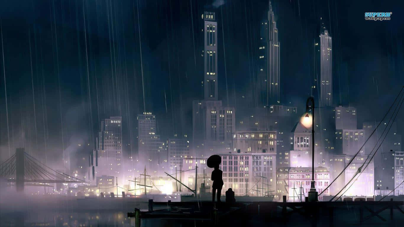 A City In The Rain With A Person Standing In The Water Wallpaper