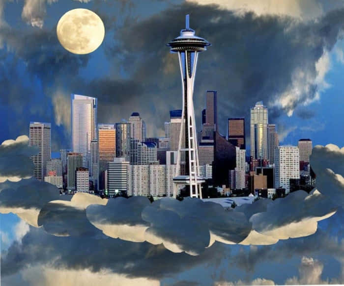 Seattle At Night Painting Wallpaper