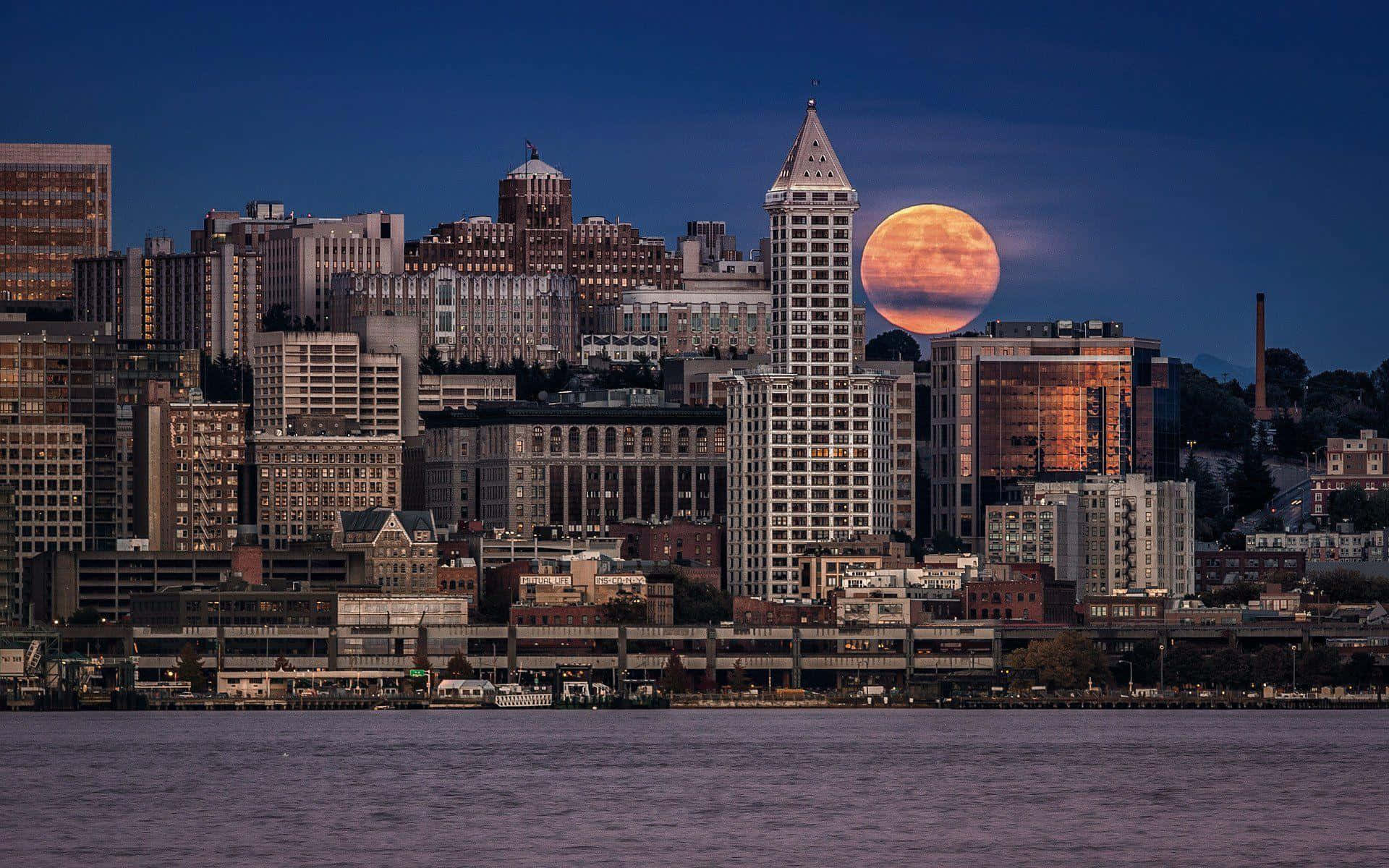 Seattle At Night With Full Moon Wallpaper