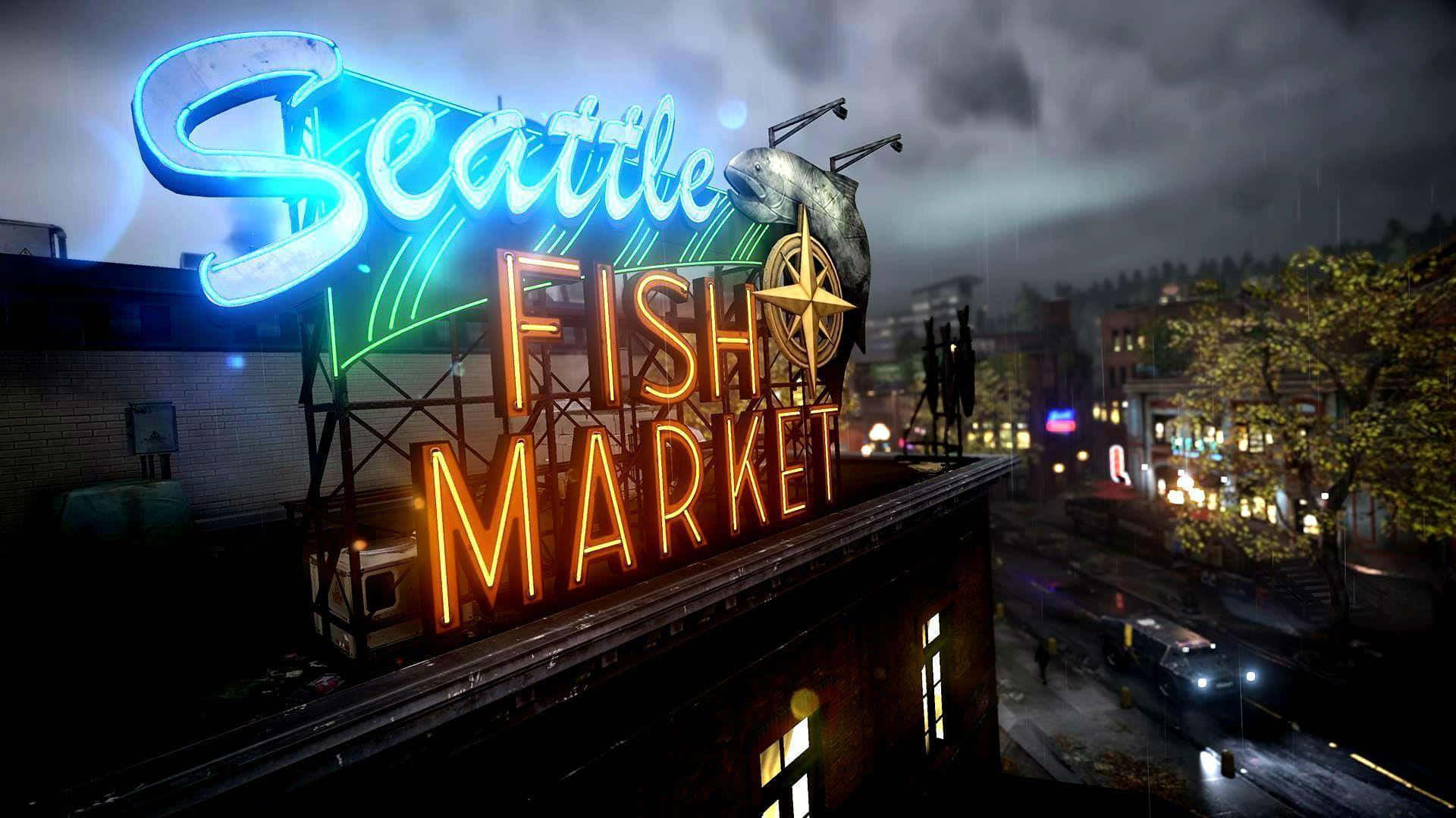 Fiskmarknadeni Seattle På Natten. Wallpaper