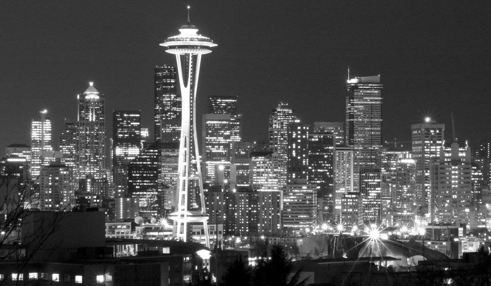 Glowing Space Needle In Seattle Black And White Wallpaper