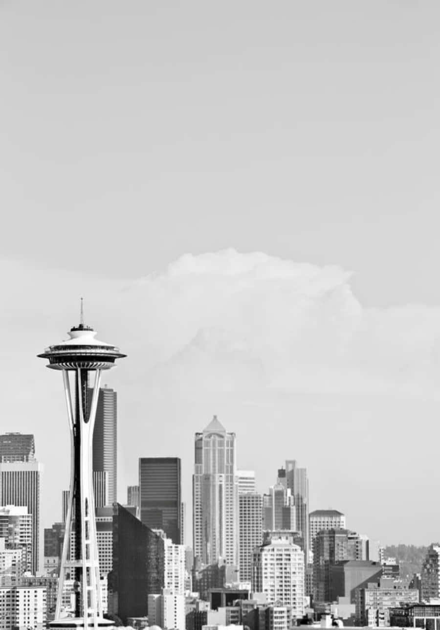 A black and white nighttime view of downtown Seattle, Washington. Wallpaper