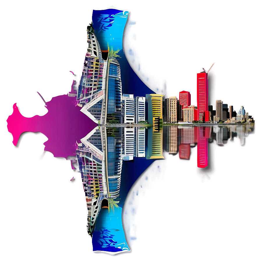 seattle skyline c PNG — A surreal cityscape with neon pink and blue skyscrapers reflected in water against a gradient purple background.