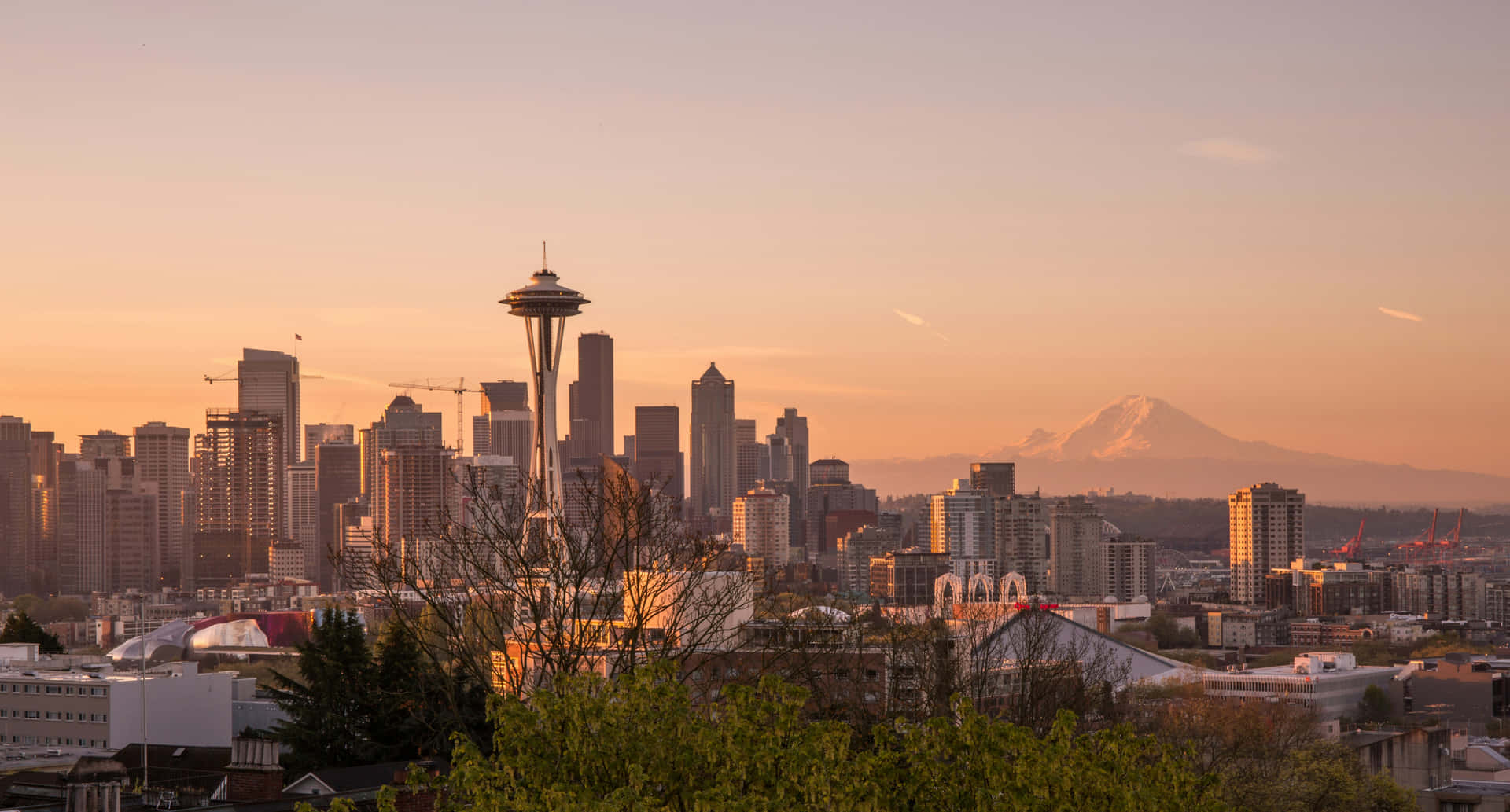 Seattle Skyline Sunset Space Needle Mount Rainier View Wallpaper