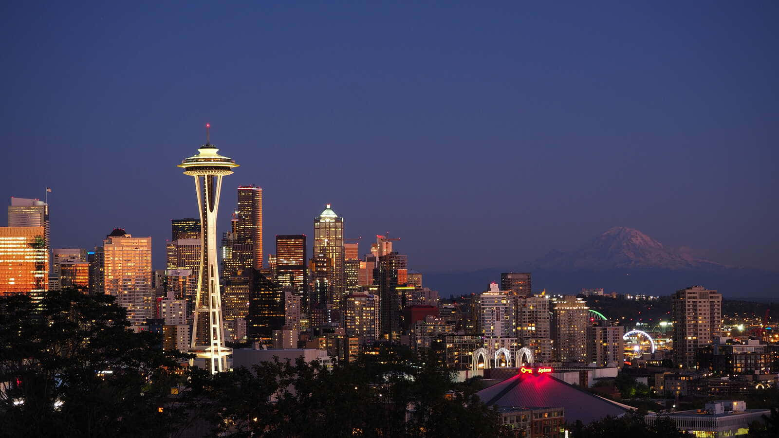 Seattle Skyline Twilight Mount Rainier Backdrop Wallpaper