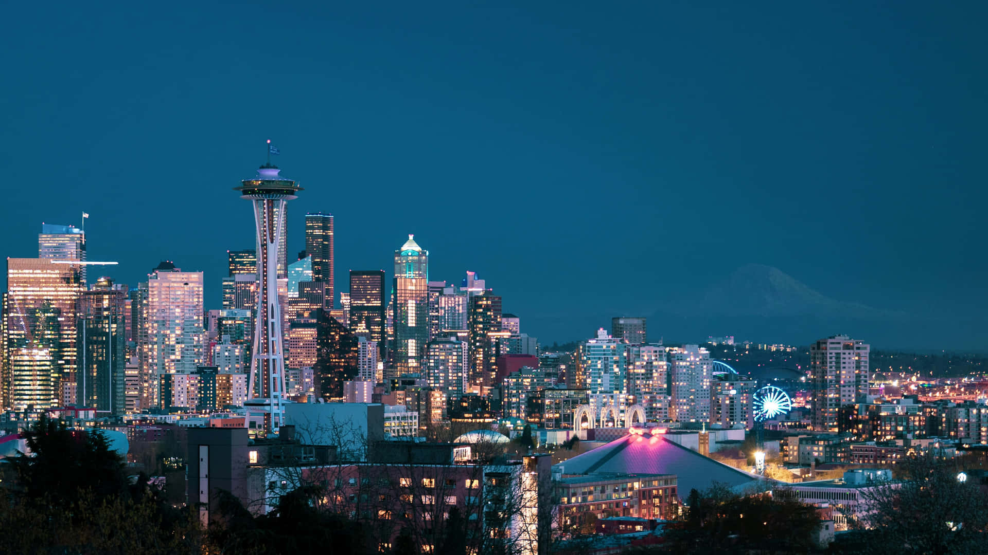 Seattle Skyline Skumring Med Space Needle Bakgrunnsbildet