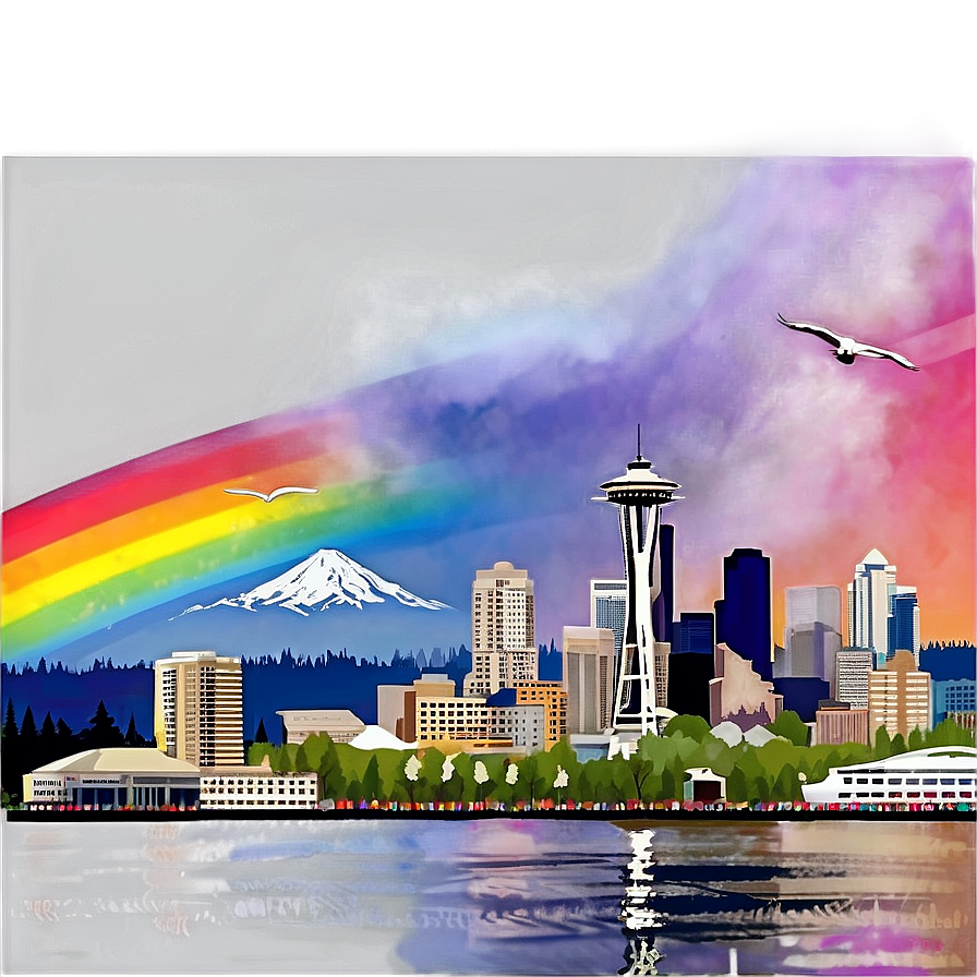 Seattle Skyline With Rainbow Png Rvu17 PNG