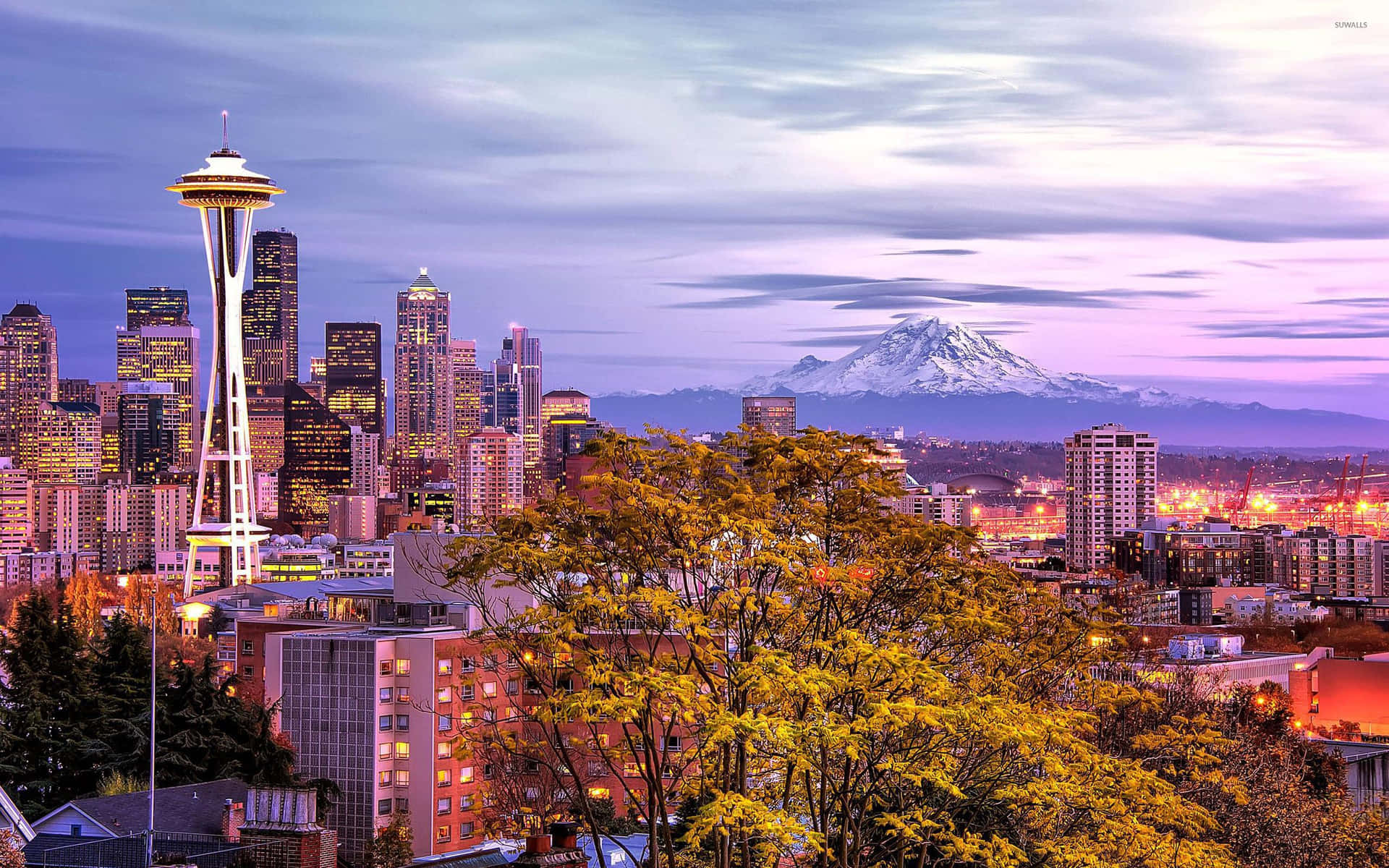 Seattle Skyline At Dusk With Mt Hood In The Background Wallpaper