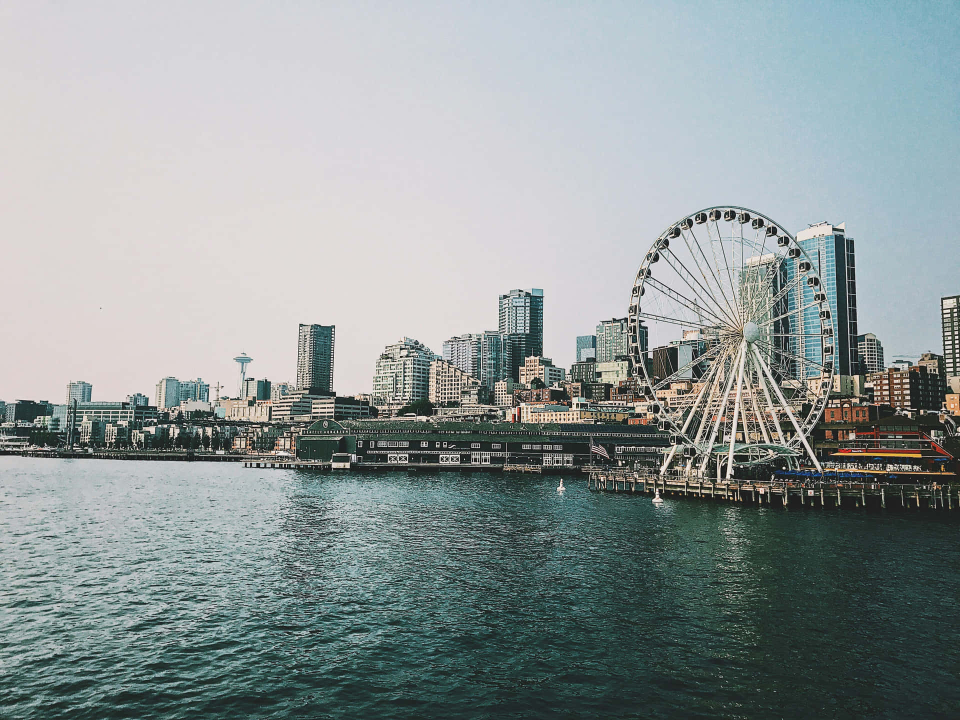 Seattle Waterfront Ferris Wheel Skyline Wallpaper