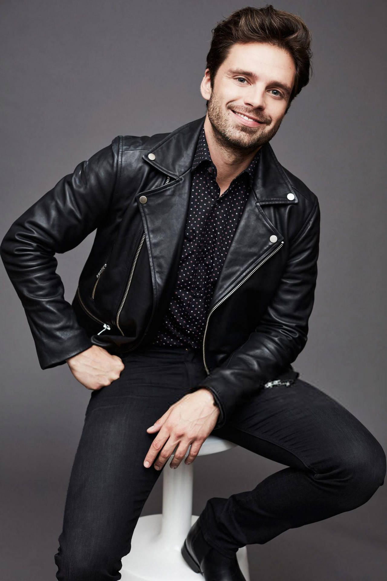 Sebastian Stan Black Leather Jacket Wallpaper