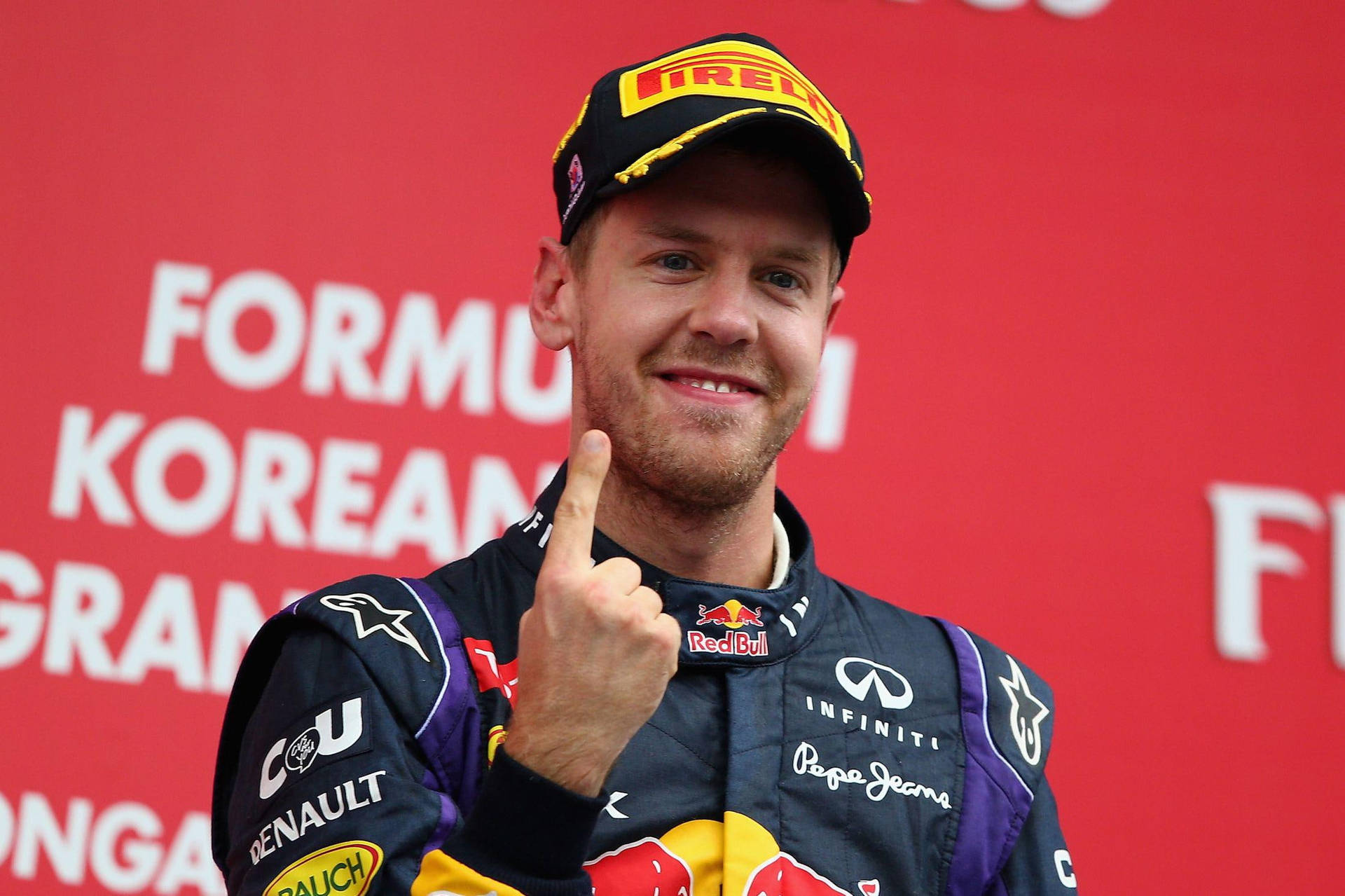 Sebastian Vettel Pointer Finger Up Wallpaper
