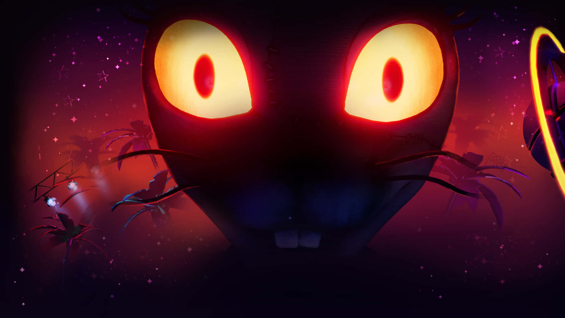 En sort kat med lyse øjne og en skive af en mellemstjerne.