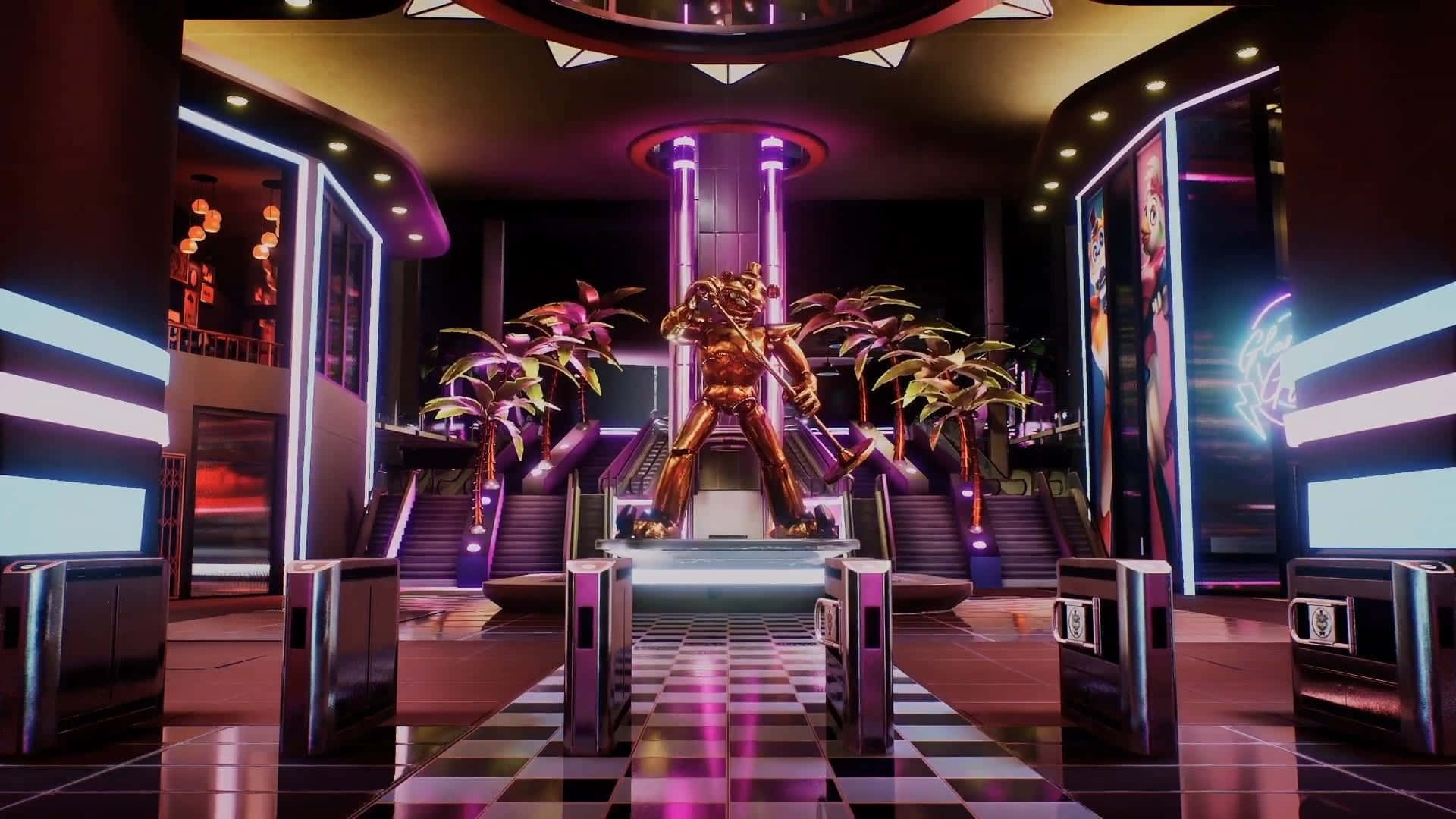 A Futuristic Lobby With Neon Lights And A Statue