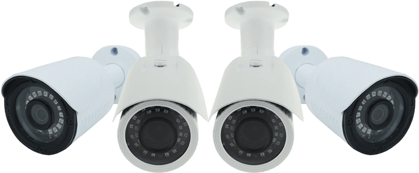 Security Camera Array Display PNG — Four white security cameras with black lenses and infrared LEDs arranged in a row against a black background.