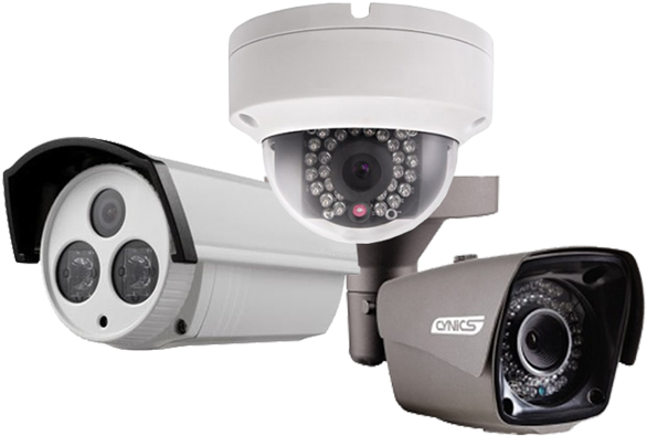 Security Camera Models PNG — Three white and gray security cameras with visible lenses and infrared LEDs displayed against a black background.