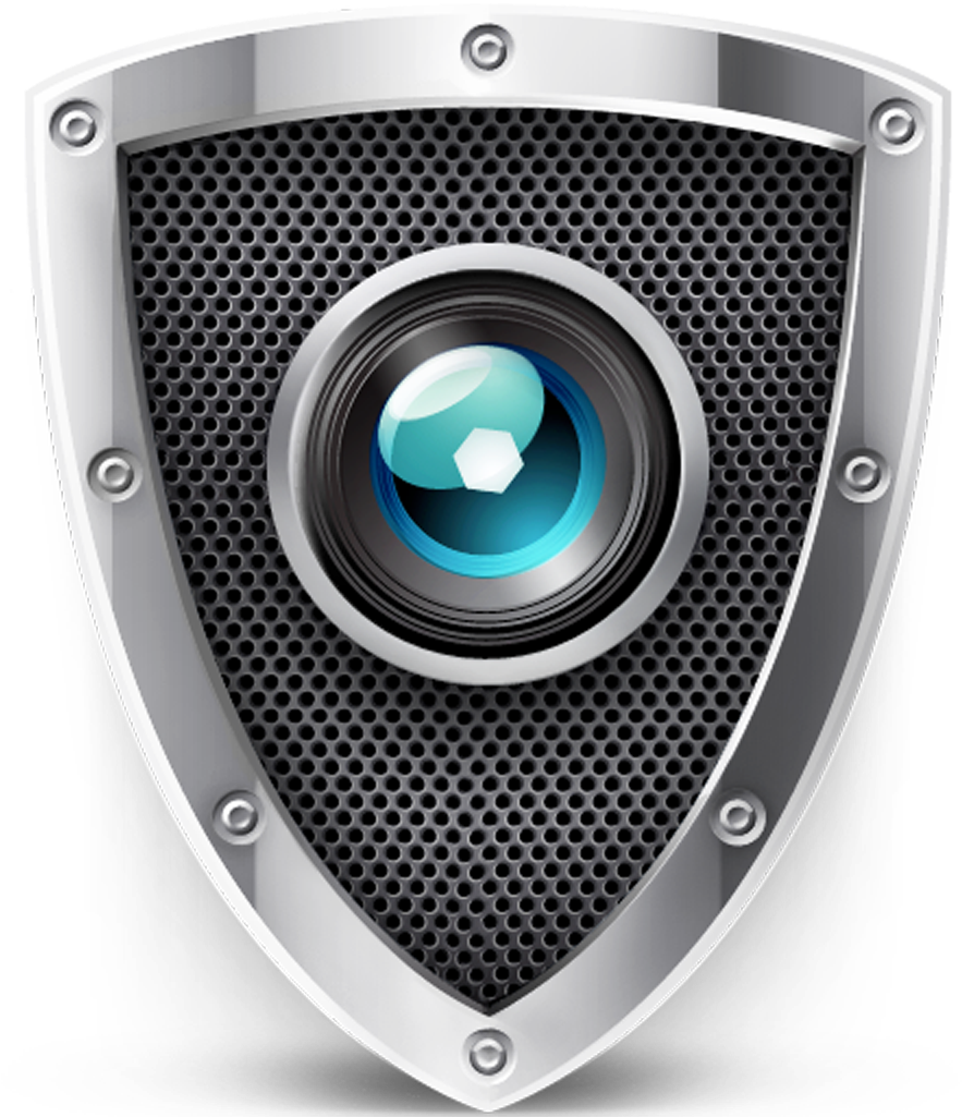 Security Camera Shield Icon PNG — A sleek metallic shield with a blue glowing camera lens at its center set against a dark perforated background.
