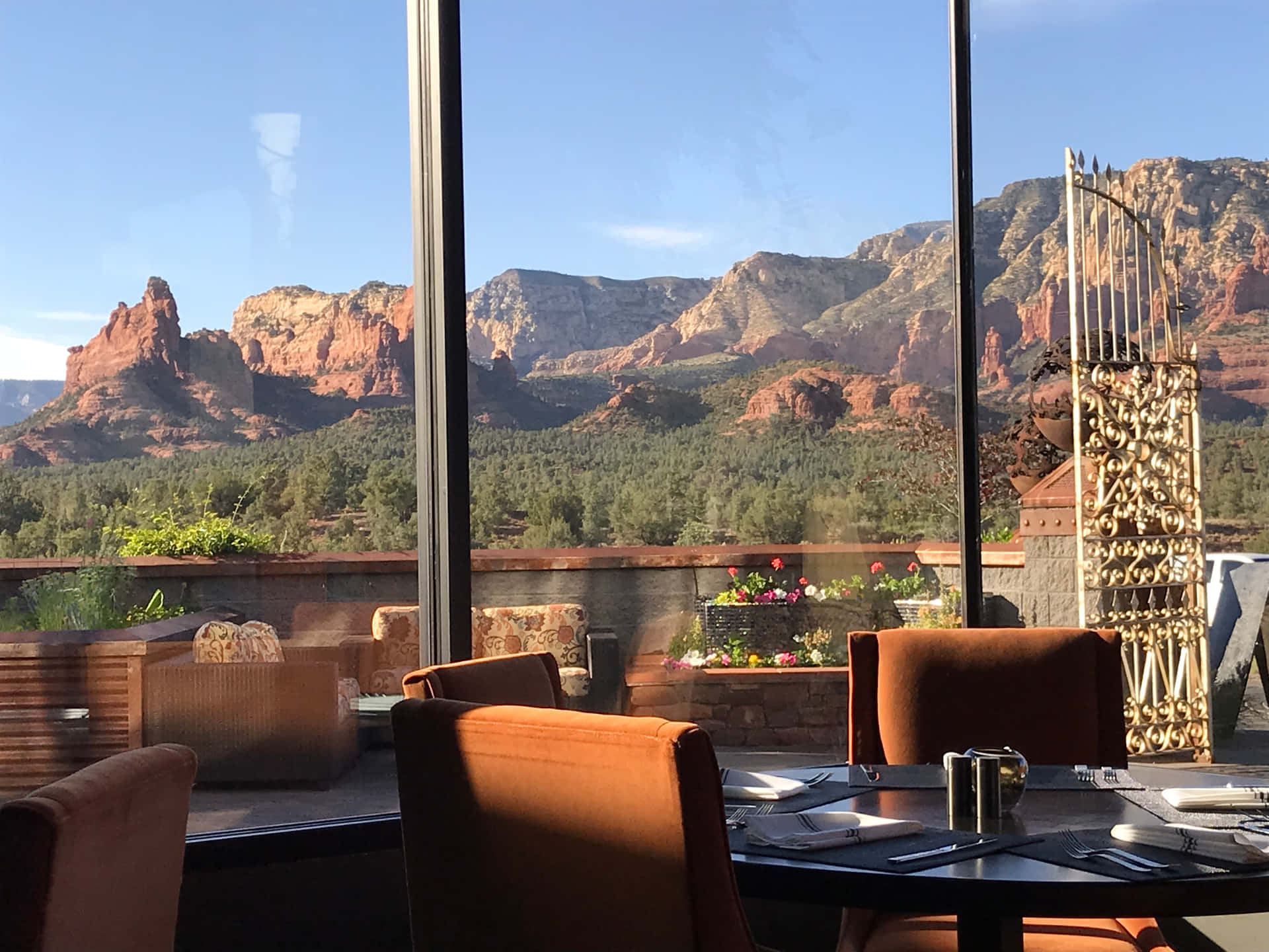 A View Of Mountains From A Restaurant