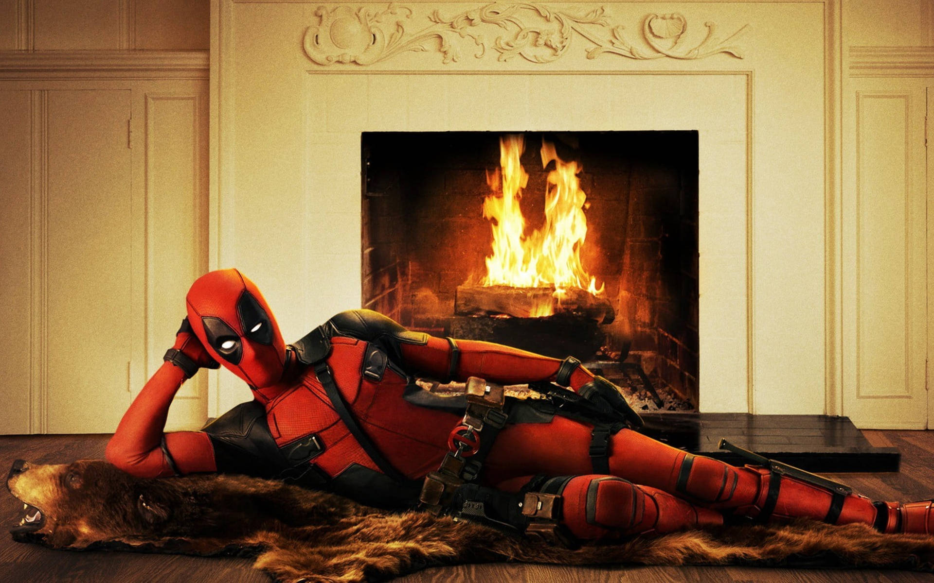 Seductive Deadpool On A Fireplace