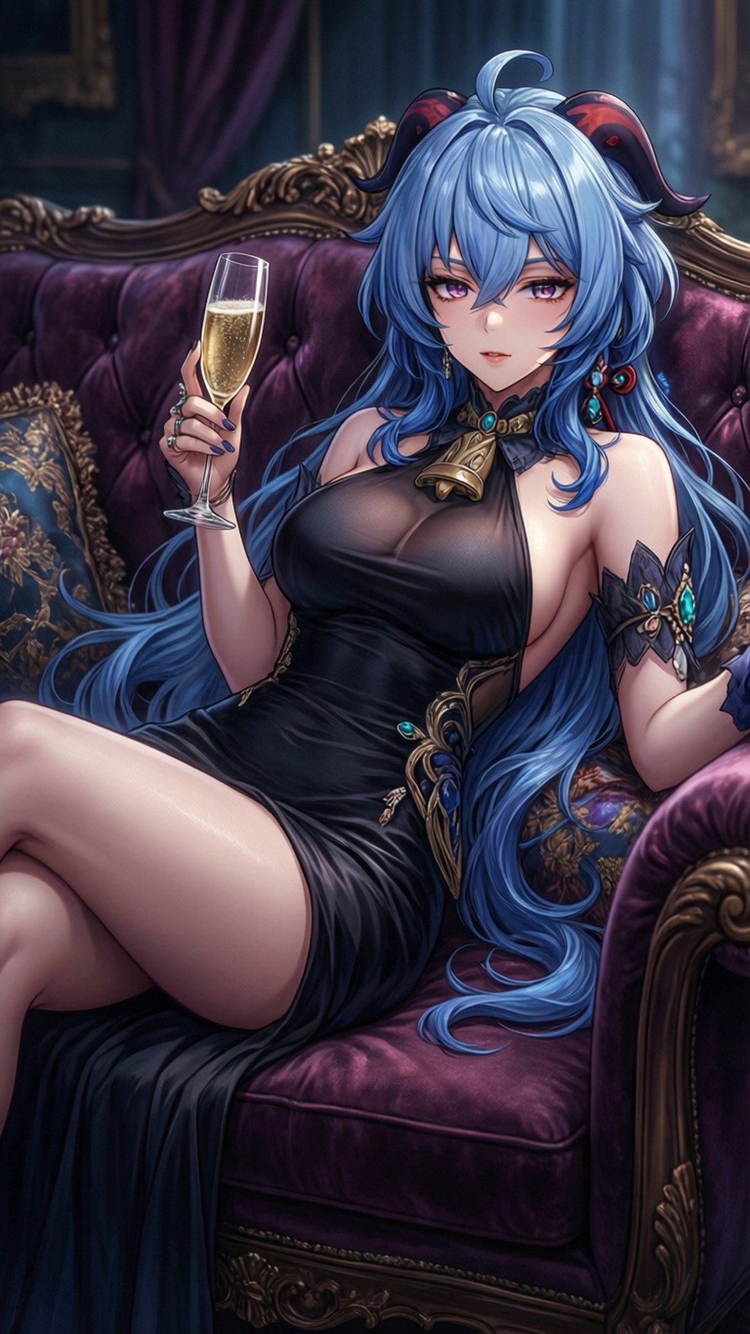 Mana Ouma in a luxurious lounge with a champagne glass.