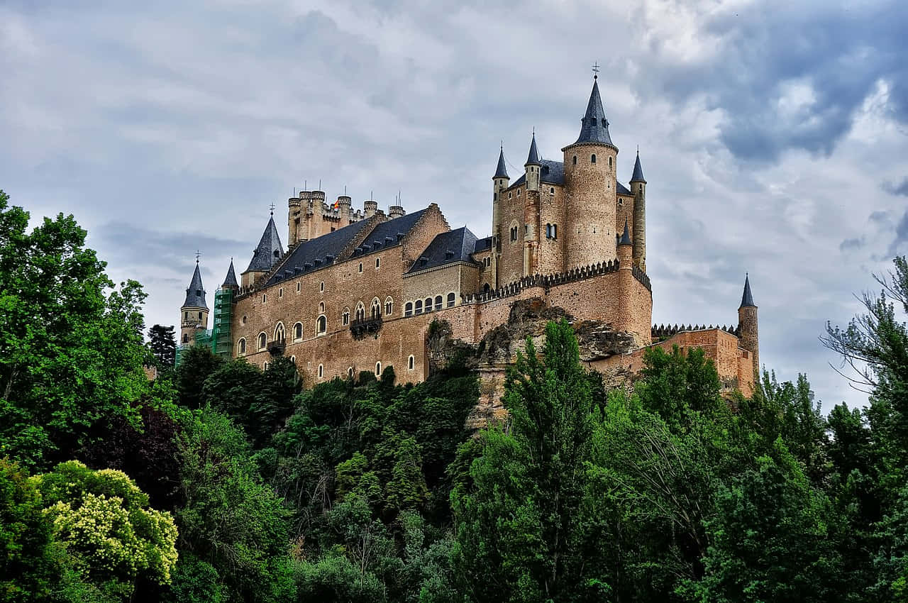 Segovia Castle And Lush Green Trees Wallpaper