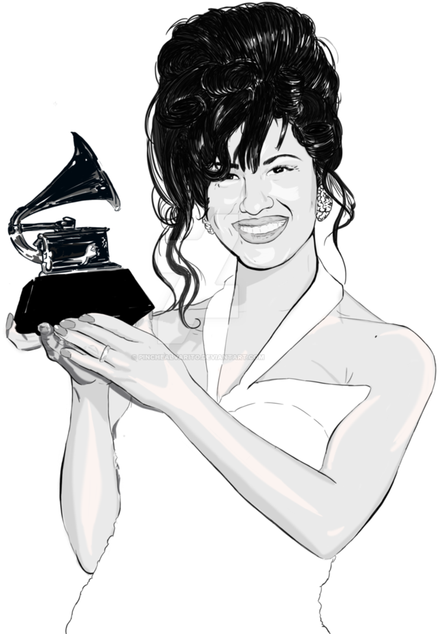 Selena Quintanilla Holding Grammy Award Illustration PNG