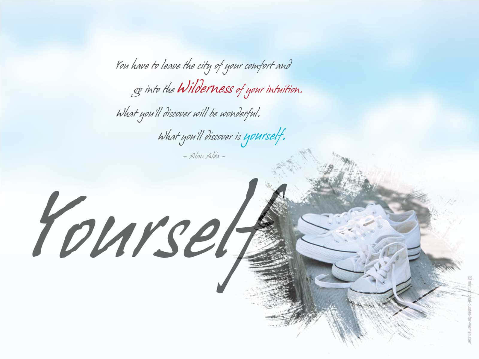 A Poster With The Words Yourself And A Pair Of White Sneakers Wallpaper