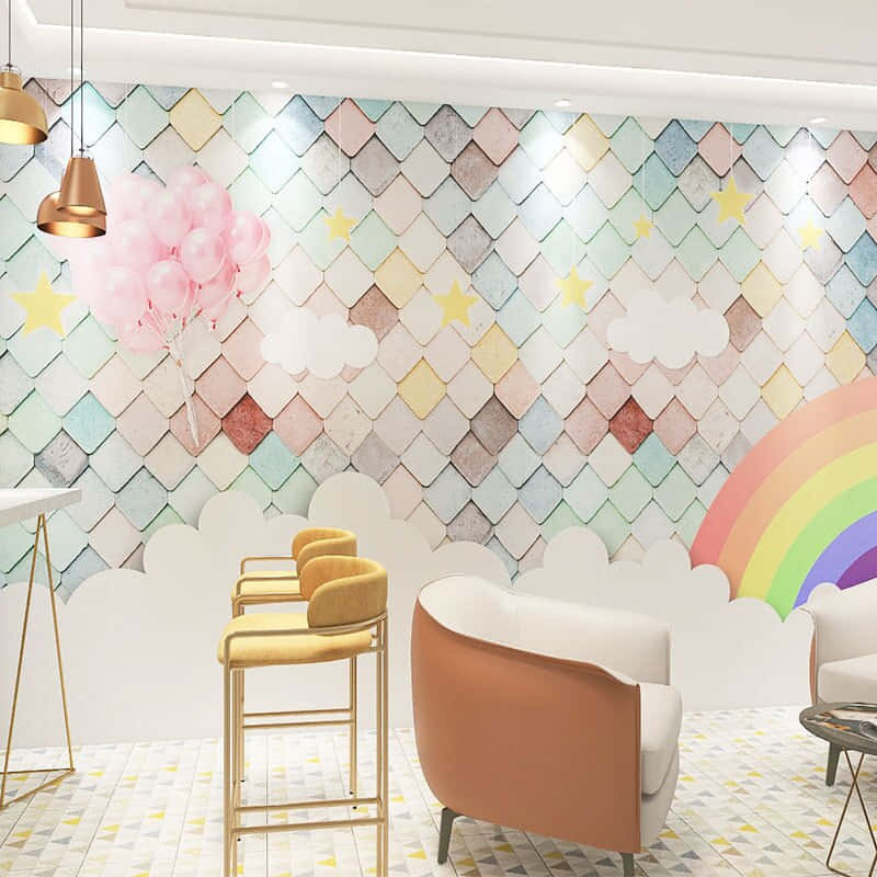 A Colorful Room With A Rainbow Wall Mural
