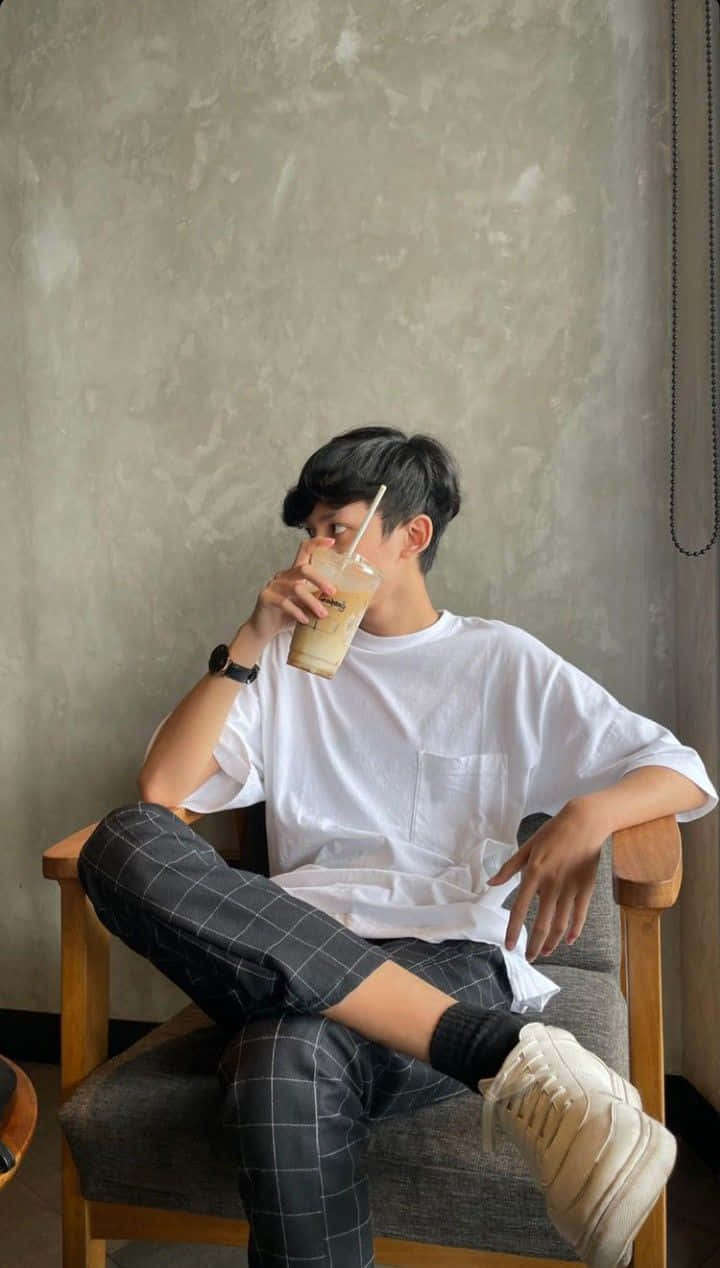 A Man Sitting In A Chair Drinking A Coffee