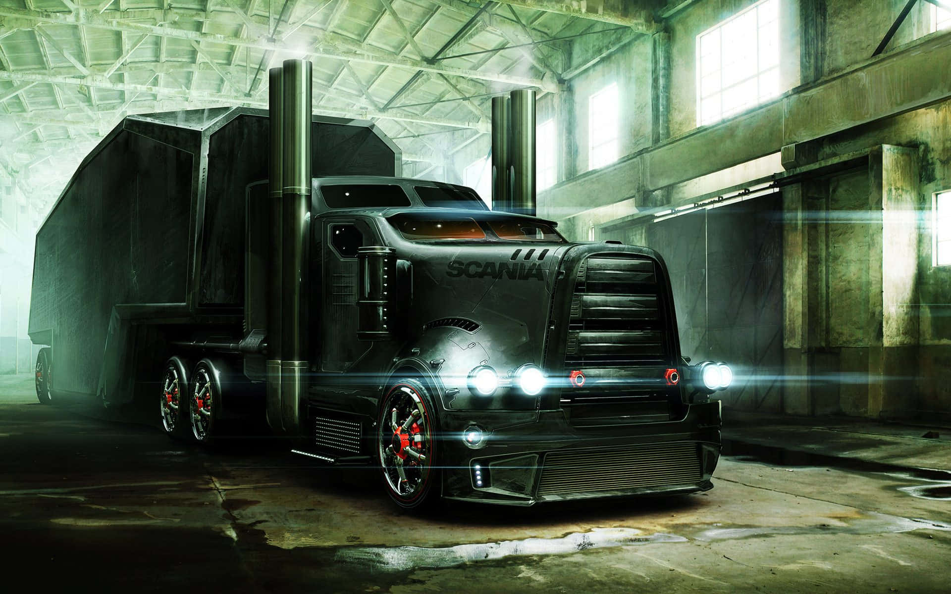 A Large Truck In A Dark Warehouse