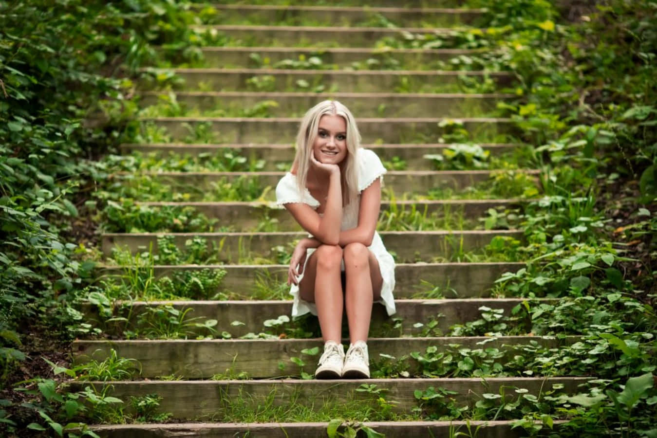 Senior Blonde Girl On Stairs Pictures