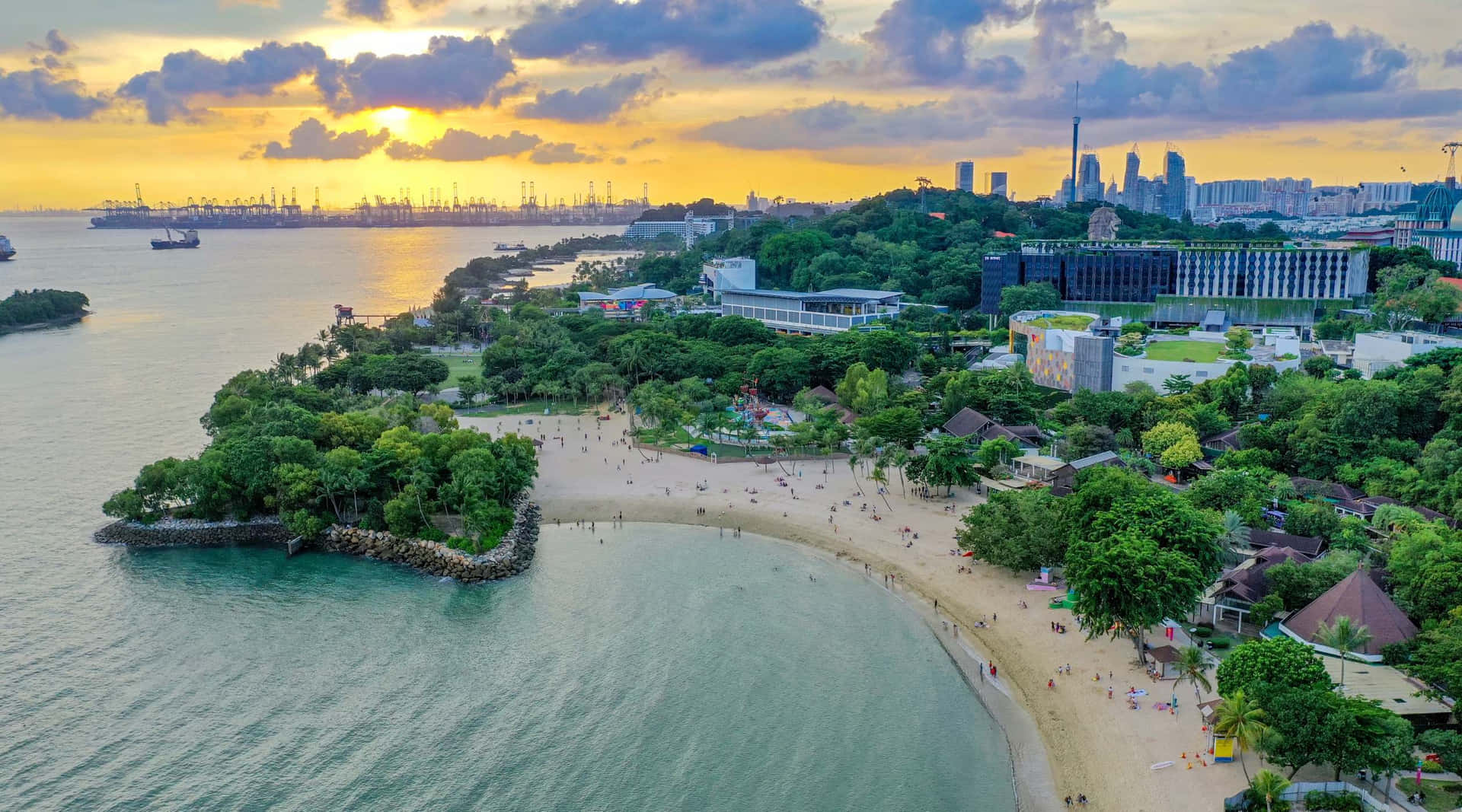 Vue Aérienne De L'île Sentosa Au Coucher De Soleil Fond d'écran