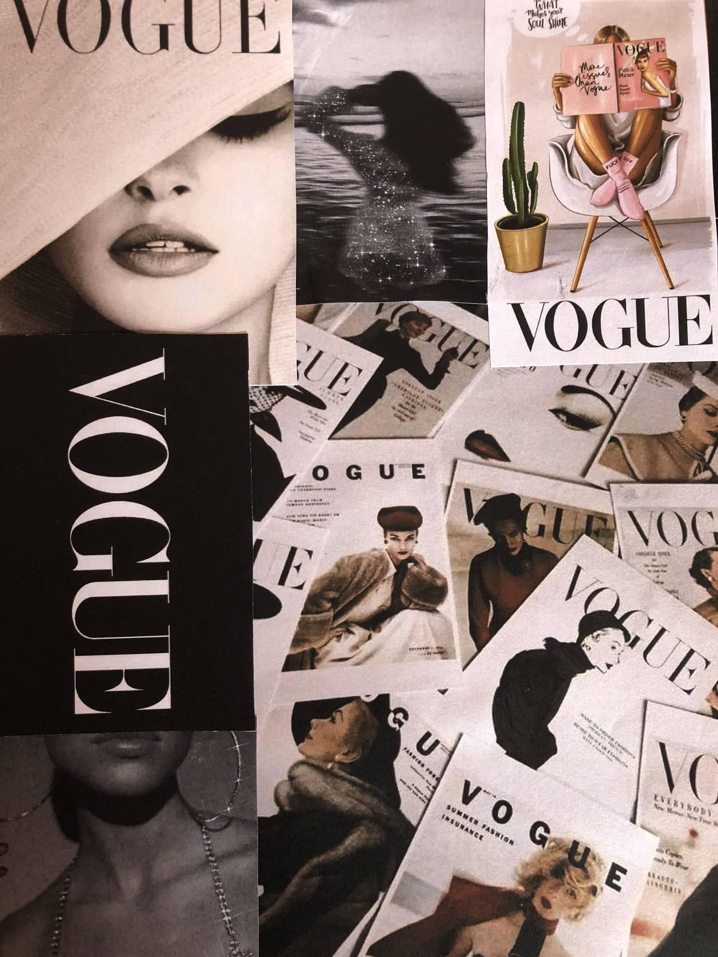 Sepia Vogue fashion collage phone wallpaper.