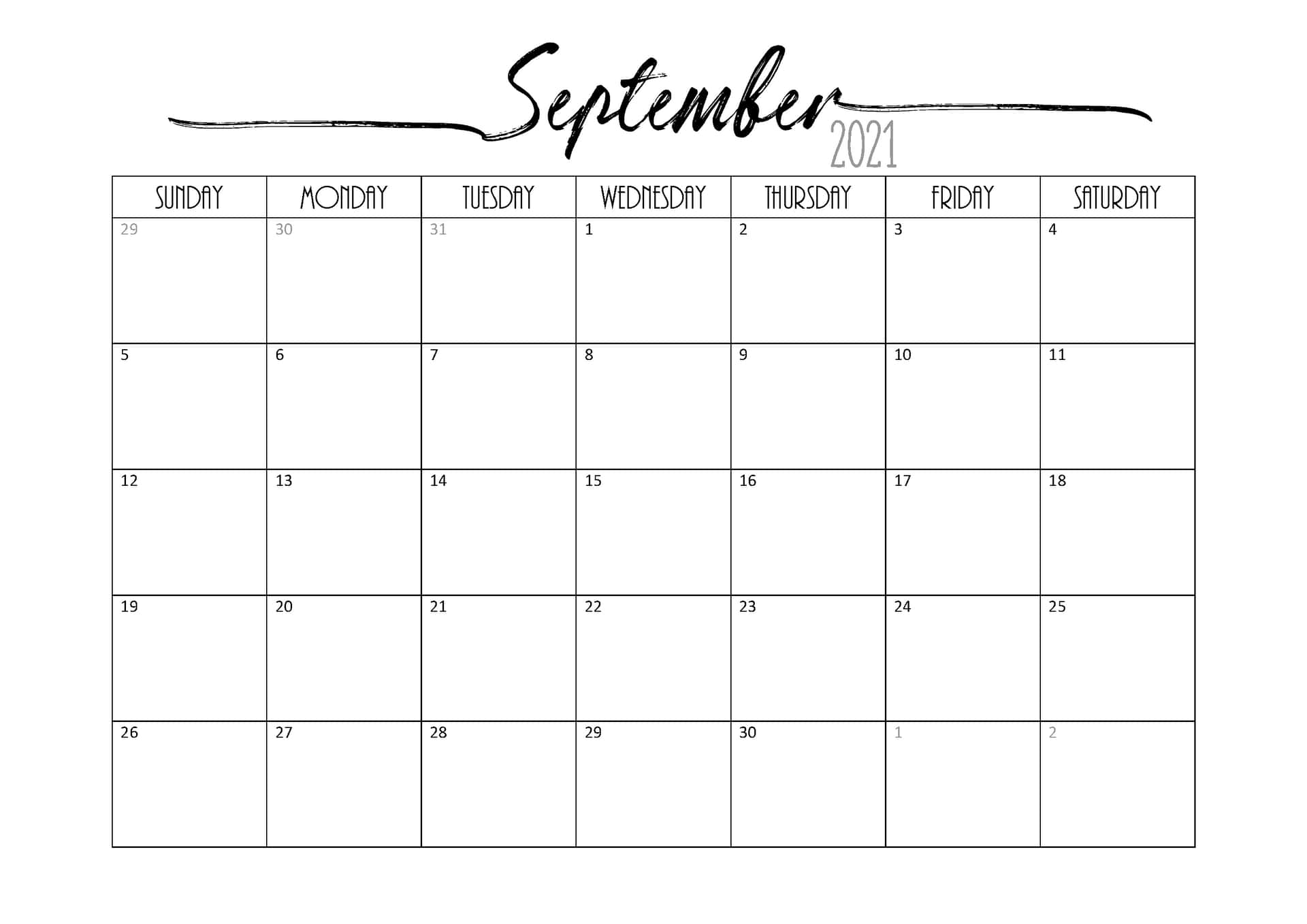 En udskrivbar september 2020 kalender med ordene skrevet i sort og hvid Wallpaper