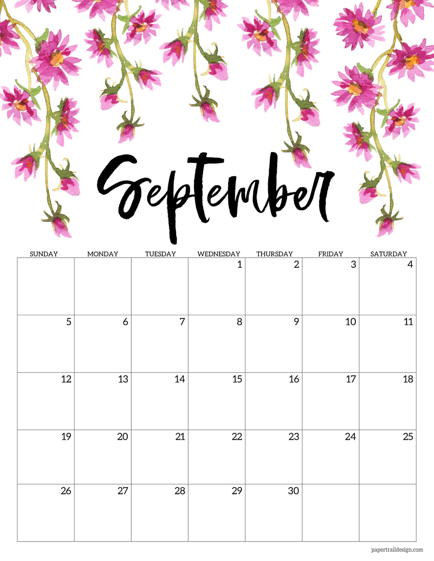 September2019 Kalender Med Rosa Blommor Wallpaper