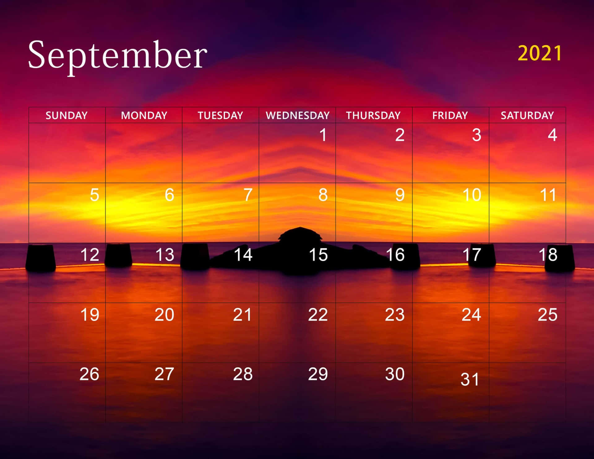 September 2021 Calendar Scenic Sunset Sky Wallpaper